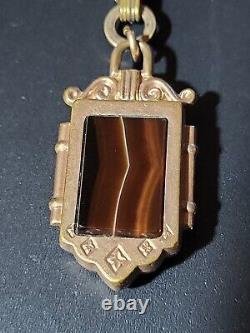 Antique Victorian Brass Leaves Gold Filled Watch Fob Necklace Banded Agate Old