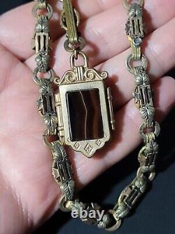 Antique Victorian Brass Leaves Gold Filled Watch Fob Necklace Banded Agate Old