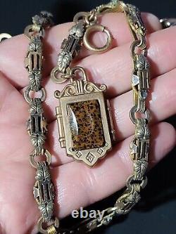 Antique Victorian Brass Leaves Gold Filled Watch Fob Necklace Banded Agate Old