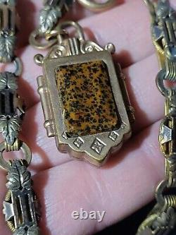 Antique Victorian Brass Leaves Gold Filled Watch Fob Necklace Banded Agate Old