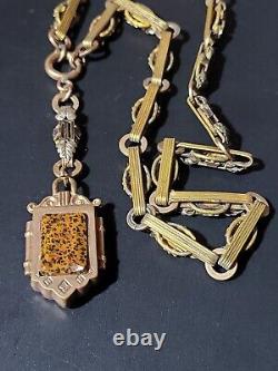 Antique Victorian Brass Leaves Gold Filled Watch Fob Necklace Banded Agate Old