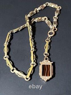 Antique Victorian Brass Leaves Gold Filled Watch Fob Necklace Banded Agate Old