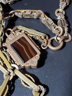 Antique Victorian Brass Leaves Gold Filled Watch Fob Necklace Banded Agate Old