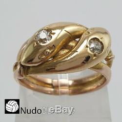Antique Victorian Double Snake Ring 14k Rose Gold Old Cut Diamonds