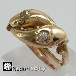 Antique Victorian Double Snake Ring 14k Rose Gold Old Cut Diamonds