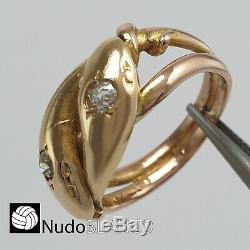 Antique Victorian Double Snake Ring 14k Rose Gold Old Cut Diamonds