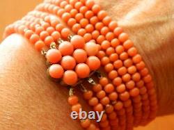 Antique Victorian Old Natural Salmon Coral Bead 4-strand Necklacesterling Clasp