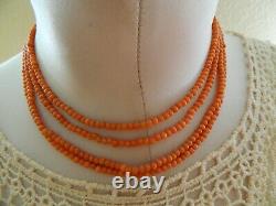 Antique Victorian Old Natural Salmon Coral Bead 4-strand Necklacesterling Clasp