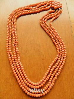 Antique Victorian Old Natural Salmon Coral Bead 4-strand Necklacesterling Clasp