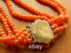 Antique Victorian Old Natural Salmon Coral Bead 4-strand Necklacesterling Clasp