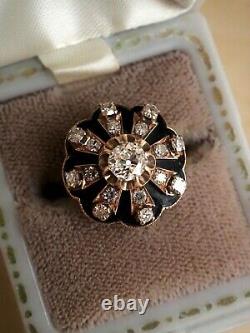 Antique Victorian/edwardian Old Mine Cut Diamond & Black Enamel Ring 1.00ct