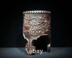 Antique Vintage Chinese Old Bamboo Carved Exquisite Flower Brush Pot Collection