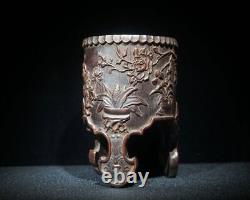 Antique Vintage Chinese Old Bamboo Carved Exquisite Flower Brush Pot Collection