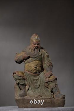 Antique Vintage Chinese Old Wood Carved Painted Guan Yu Statue Wooden Sculpture