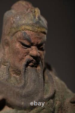 Antique Vintage Chinese Old Wood Carved Painted Guan Yu Statue Wooden Sculpture