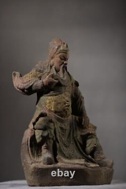 Antique Vintage Chinese Old Wood Carved Painted Guan Yu Statue Wooden Sculpture