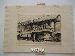 Antique Vintage Etching Signed Mystery Chinese Japanese Cart Village Old Town