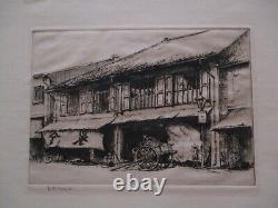 Antique Vintage Etching Signed Mystery Chinese Japanese Cart Village Old Town