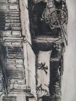 Antique Vintage Etching Signed Mystery Chinese Japanese Cart Village Old Town