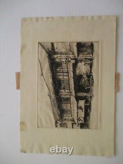 Antique Vintage Etching Signed Mystery Chinese Japanese Cart Village Old Town