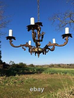 Antique Vintage French Old Art Nouvea 5 Arm Brass Cherub Chandelier