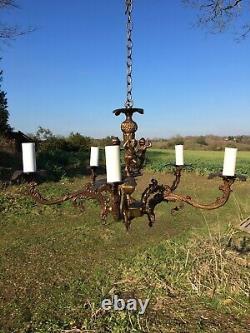 Antique Vintage French Old Art Nouvea 5 Arm Brass Cherub Chandelier