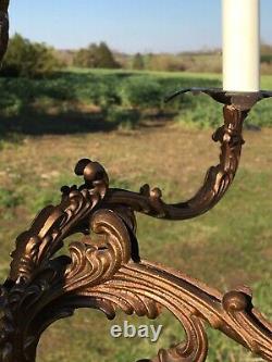 Antique Vintage French Old Art Nouvea 5 Arm Brass Cherub Chandelier