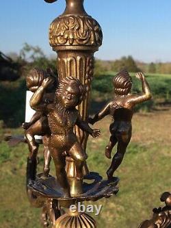 Antique Vintage French Old Art Nouvea 5 Arm Brass Cherub Chandelier