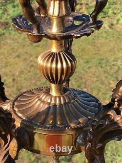 Antique Vintage French Old Art Nouvea 5 Arm Brass Cherub Chandelier