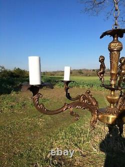 Antique Vintage French Old Art Nouvea 5 Arm Brass Cherub Chandelier