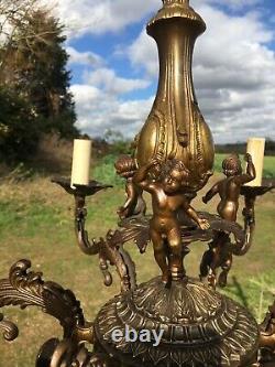 Antique Vintage French Old Art Nouvea 6 Arm Brass Cherub Chandelier