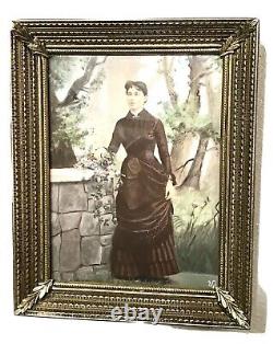 Antique Vintage Lady In Garden Miniature Portrait Hand Painting Framed Old
