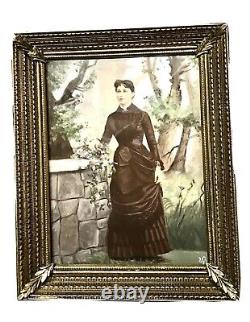 Antique Vintage Lady In Garden Miniature Portrait Hand Painting Framed Old