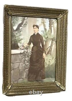 Antique Vintage Lady In Garden Miniature Portrait Hand Painting Framed Old