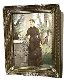 Antique Vintage Lady In Garden Miniature Portrait Hand Painting Framed Old