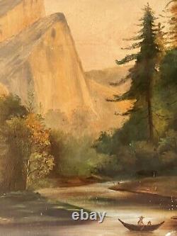 Antique Vintage Landscape Impressionist Oil Painting Old Lake Snow Mountains