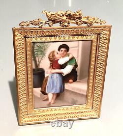 Antique Vintage Miniature CAJOLE Hand Painted Porcelain Plaque Gilt Frame Old