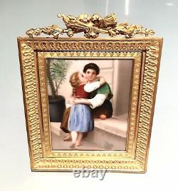 Antique Vintage Miniature CAJOLE Hand Painted Porcelain Plaque Gilt Frame Old