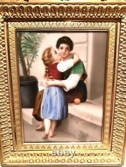 Antique Vintage Miniature CAJOLE Hand Painted Porcelain Plaque Gilt Frame Old