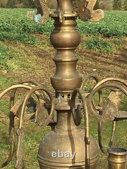 Antique Vintage Old Art Nouveau 8 Arm Brass Gothic Chandelier