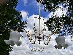 Antique Vintage Old Art Nouveau Gas Chandelier Light With Opal White Glass