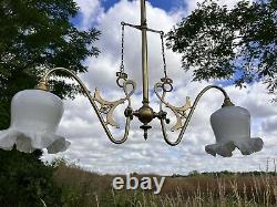 Antique Vintage Old Art Nouveau Gas Chandelier Light With Opal White Glass