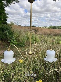 Antique Vintage Old Art Nouveau Gas Chandelier Light With Opal White Glass