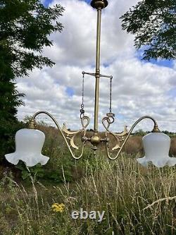 Antique Vintage Old Art Nouveau Gas Chandelier Light With Opal White Glass