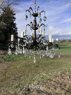 Antique Vintage Old Art Nouveau brass and crystal 12 lamp chandelier