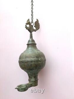 Antique Vintage Old Brass Handcrafted Peacock Figurine Hanging Oil Lamp & Chain