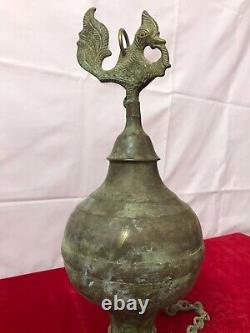 Antique Vintage Old Brass Handcrafted Peacock Figurine Hanging Oil Lamp & Chain