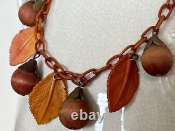 Antique Vintage Old Chain Celluloid Leaf Nut Charm Choker Necklace Brown Orange