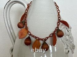 Antique Vintage Old Chain Celluloid Leaf Nut Charm Choker Necklace Brown Orange