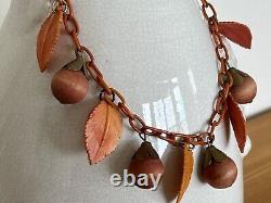 Antique Vintage Old Chain Celluloid Leaf Nut Charm Choker Necklace Brown Orange